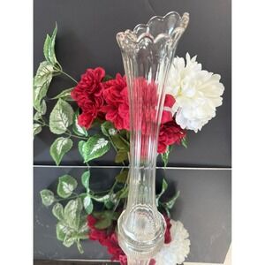 Vintage‎ Clear Pressed Glass Vase – Scalloped Rim and Ribbed Column Design